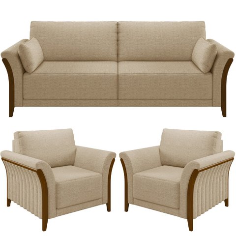 Kit Sofá 03 Lugares 222cm com 02 Poltronas Stefan Pés Madeira M03 Linho Bege Escuro - Lyam Decor