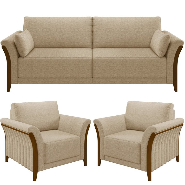 Kit Sofá 03 Lugares 222cm com 02 Poltronas Stefan Pés Madeira M03 Linho Bege Escuro - Lyam Decor