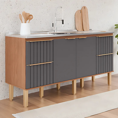 Gabinete de Cozinha 4 Gavetas Ripado 174cm Madeira 100% Mdf:freijó/titanium