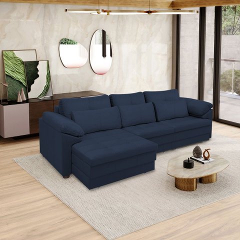 Sofá Retrátil Manual Sala de Estar Nolan Bipartido 257cm Conforto Premium em Couro Azul Marinho G58 