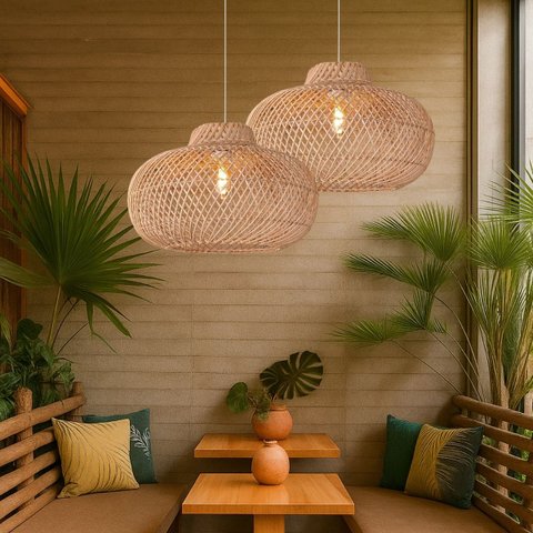 2 Pendente em Rattan Fibra Natural Ø 50 cm Sala Vito NAT78