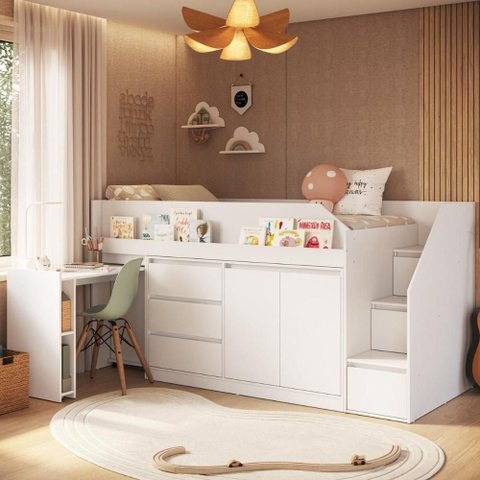Cama Infantil Alta com Escrivaninha e Comôda Multifuncional 230cm Infanto Completa Móveis