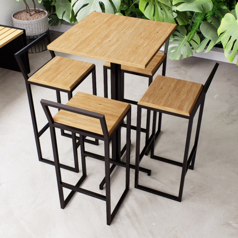 Conjunto Mesa Alta Bar Bistrô Quadrada 4 Banquetas Confort Pinus Industrial Black Don Castro Decor I