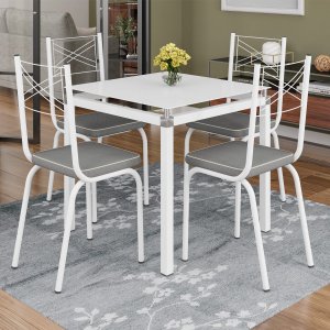 Conjunto De Mesa Tubular Malva 75X75 cm Vidro Branco Com 4 Cadeiras 119 Branco Assento Platina Artef