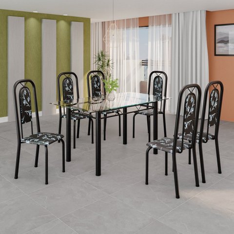 Conjunto de Mesa Tubular com 6 Cadeiras Lara Preto