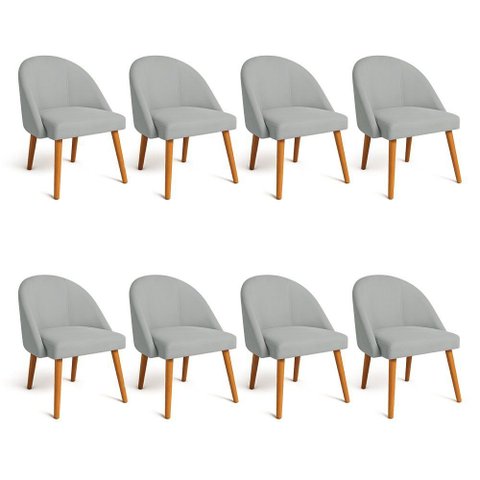 Kit 08 Cadeiras Poltrona de Jantar Luna Suede Cinza Pés Palito Castanho