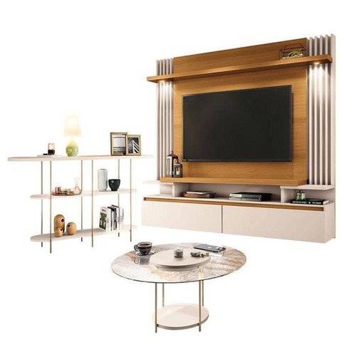 Home Suspenso Cosmo Cinamomo Off White e Aparador Infinity e Mesa de Centro Sky com Tampo de Vidro