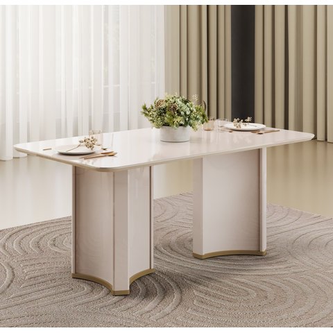 Mesa para Sala de Jantar 180cm Tampo Retangular com Vidro Liz Branco/Off White
