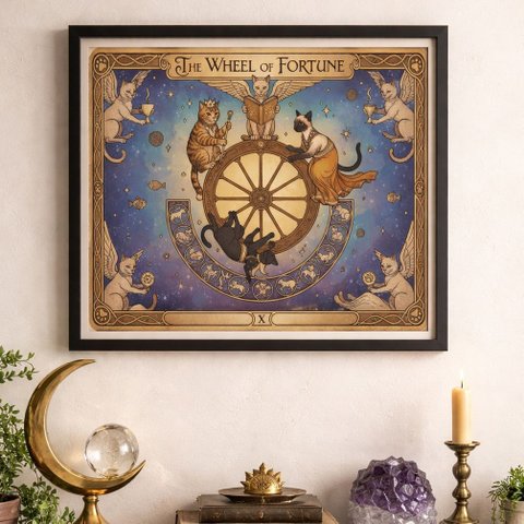 Quadro Carta Tarot Gatos Roda Fortuna 24x18cm Mold Preta Vidro