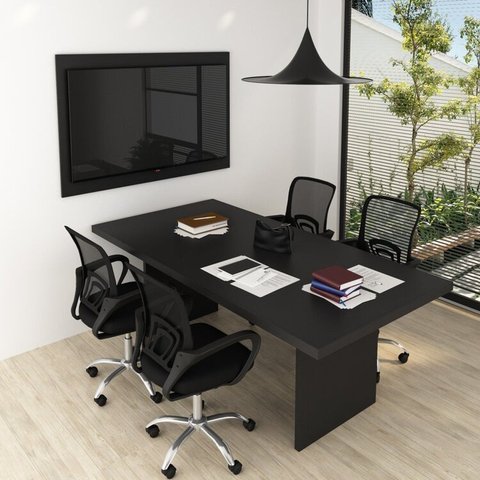 Kit com Mesa para Reunião 4 Lugares e Painel para TV até 55 Polegadas Preto