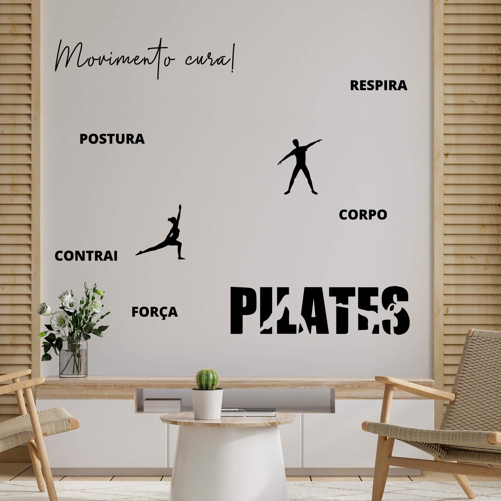 Kit de Adesivos Studio Pilates Frase Movimento Cura Silhuetas