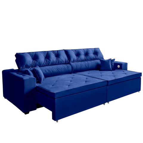 Sofá Usb, 5 Lugares Smart Retrátil, Reclinável, 3,02 Metros, Tecnologia de Carregamento 3 Portas Azu