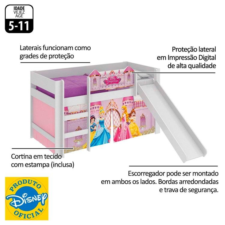 Cama Princesas Disney Play com Luz de Led Escada Cortina e Escorregador - Pura Magia - 4