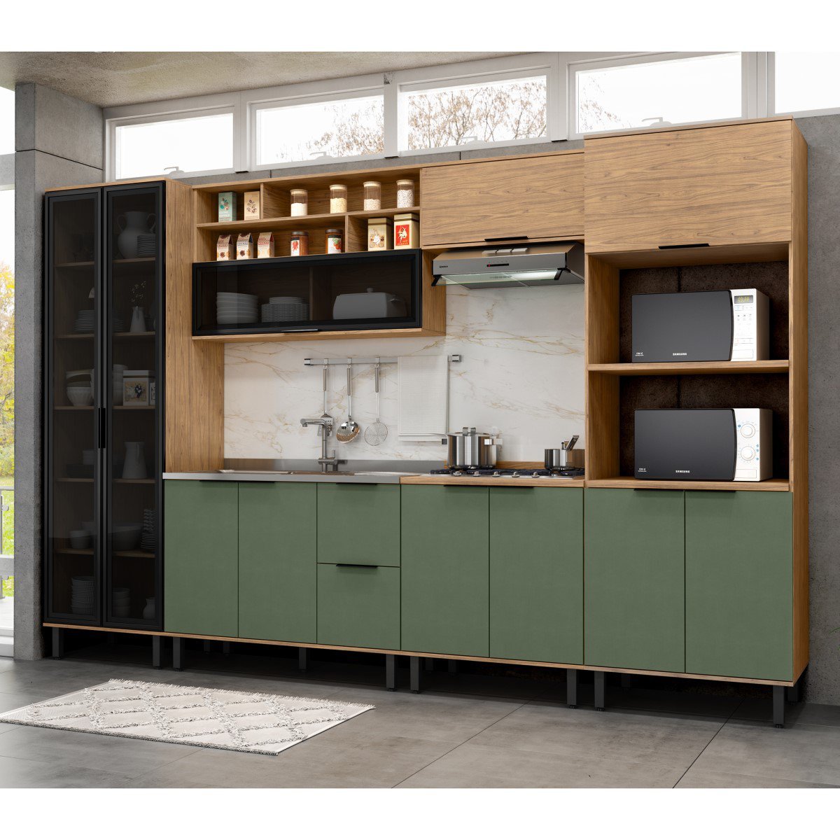 Cozinha Modulada Completa em MDF 6 Peças Lombardia com Portas de Vidro ...