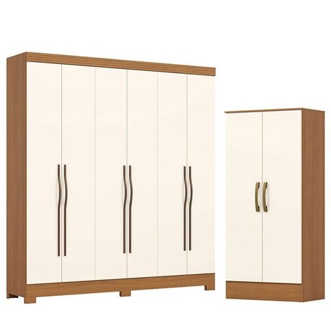 Guarda Roupa Casal 6 Portas e 2 Gavetas Leonard com Armário Multiuso Prime Cinamomo Off White- Henn 