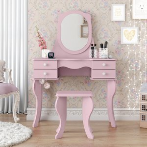 penteadeira camarim estilo retro infantil rosa 4 gavetas espelho + banco