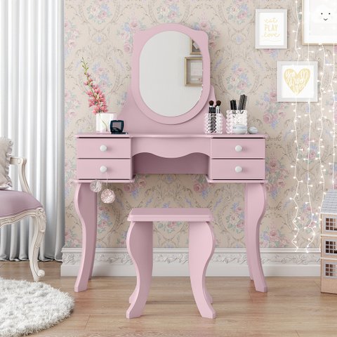 Penteadeira Camarim Estilo Retro Infantil Rosa 4 Gavetas Espelho + Banco