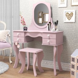 penteadeira camarim estilo retro infantil rosa 4 gavetas espelho + banco - 3
