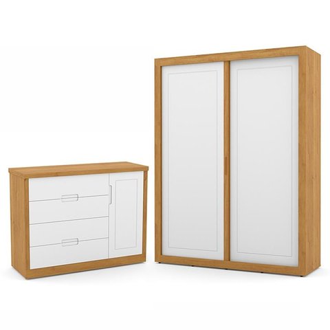 Jogo de Quarto Infantil com Guarda Roupa 2 Portas de Correr e Cômoda Tutto New Branco Soft/Freijó -