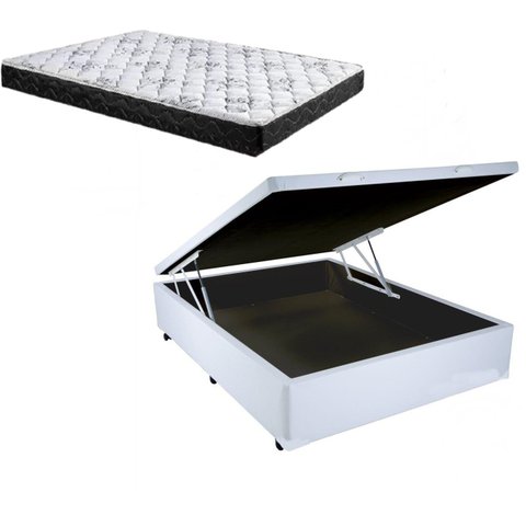 Cama Box Baú Casal Conforto Sintético Branco + Colchão Casal Conforto Espuma D33 16x138x188