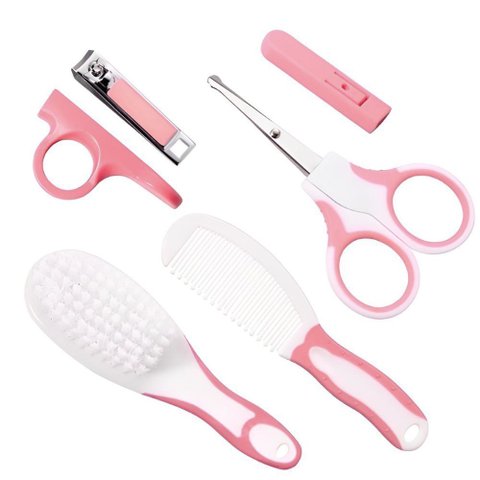 Kit Higiene Cuidados Saúde Bebê Escova Tesoura Pente 6 Pçs Rosa