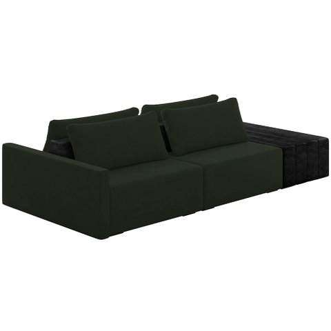 Sofá Ilha Modular para Sala 252cm com Puff Dublin K01 Veludo Verde e Sintético Preto - Lyam Decor