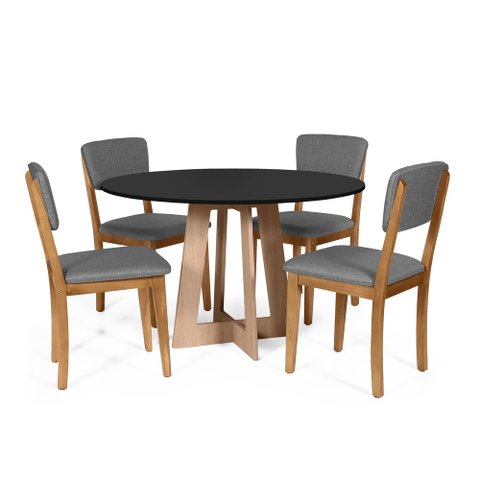 Mesa de Jantar Redonda Montreal Pret/jade com 4 Cadeiras Estofadas Ella Cinza Escuro
