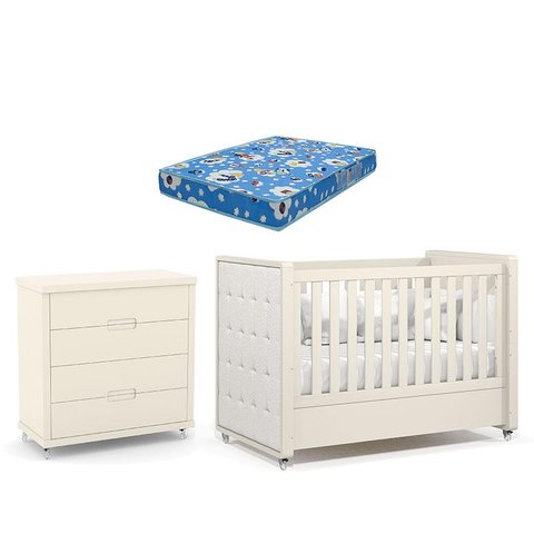 Berço Americano com Capitonê New Boucle e Cômoda Gaveteiro Infantil Tutto New Off White e Colchão Or