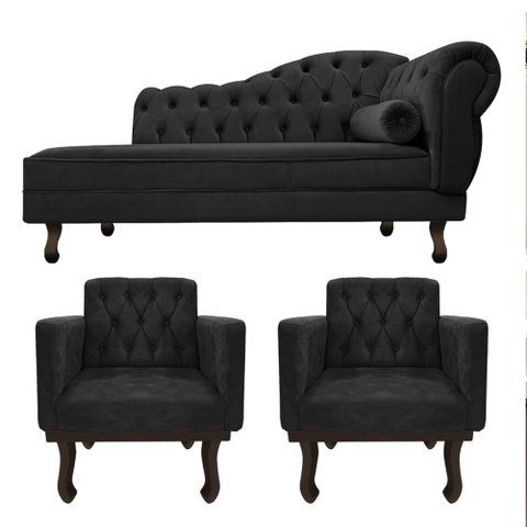 Kit Diva Recamier Juliana 160cm Lado Esquerdo e 02 Poltronas Classic Suede Preto - Amarena Móveis