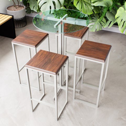 Conjunto Mesa Alta Bar Bistrô Redonda Vidro 4 Bancos Imbuia Industrial White Don Castro Decor Indust