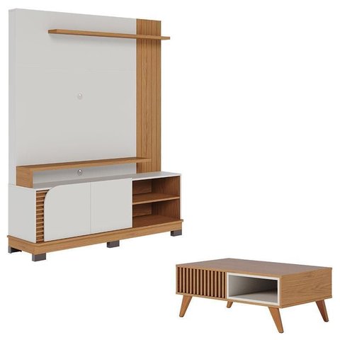 Estante Home Theater Jurerê 1.5 Off White Matte Freijó com Mesa de Centro Jeri Freijó Off White