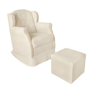 Poltrona Decorativa Amamentação Balanço e Puff Quarto Mamãe Bebê Corino:bege
