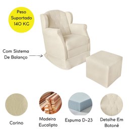 Poltrona Decorativa Amamentação Balanço e Puff Quarto Mamãe Bebê Corino:bege - 7