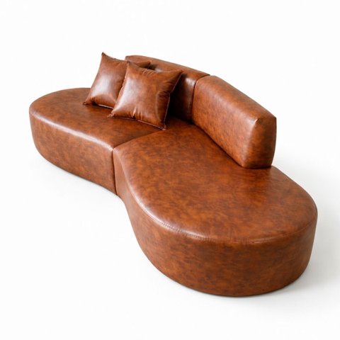 Sofá Orgânico Curvo Quatro Lugares 250cm em Corino Ocre Luxuoso com Almofadas