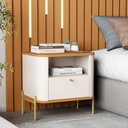 Ver imagem 4 de Mesa de Cabeceira para Quarto com Pém em Aço 1 Gaveta - Off White Nature Dourado