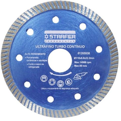 Disco Diamantado Turbo Contínuo 110mm Starfer P/ Porcelanato Cerâmica e Azulejo Corte Fino Furo 22mm