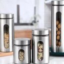 Ver imagem 6 de Porta Mantimentos Kit Hermetico Aco Inoxidavel Visor Vidro Organizador Cozinha Inox 4 Potes
