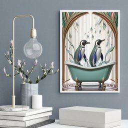 Quadro para Decoração de Banheiros - Pinguins 45x34cm:moldura Branca - 2