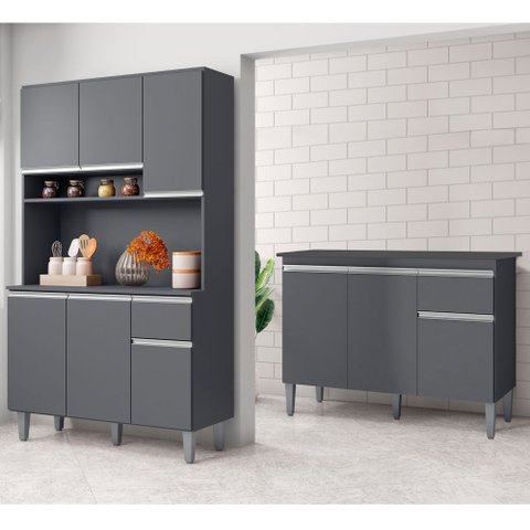 Cozinha Compacta Márcia e Balcão Gabinete com Tampo Tatiane 120cm Cinza - AJL Móveis