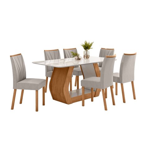 Conjunto Sala de Jantar Mesa Laini 160 Tampo Vidro Off White com 6 Cadeiras Téssera - Lopas Amendoa 
