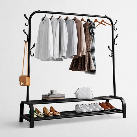 Arara de Roupas Metal Simples com Sapateiro Duplo Preto Dy-dc112