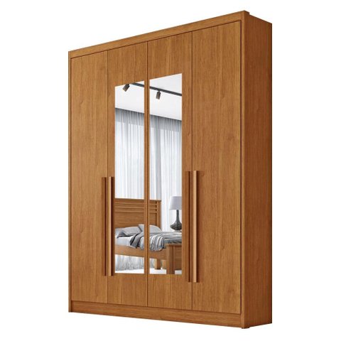 Guarda Roupa Casal Sevilha 4 Portas 3 Gavetas com Espelho Cinamomo - Novo Horizonte