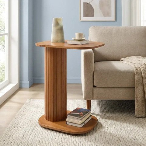 Mesa Lateral de Apoio com Base Ripada 100% Madeira Maciça Aurora Castanho