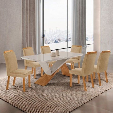 Conjunto Sala de Jantar Texas 6 Cadeiras Athenas MDF 180x90cm Off White Turim / Naturalle
