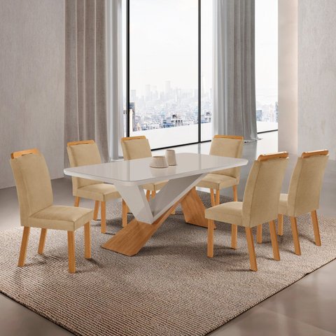 Conjunto Sala de Jantar Mesa Texas Tampo 180cm Canto Copo de MDF/Vidro e 6 Cad Athenas Off White/Turim/Marromle/Serig.