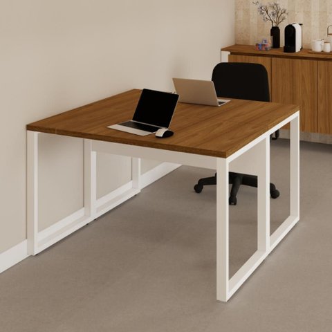 Plataforma de Trabalho 1,20 m X 1,20 m 2 Lugares Pés Metal 100% MDF F5 Office Cor:Freijó com