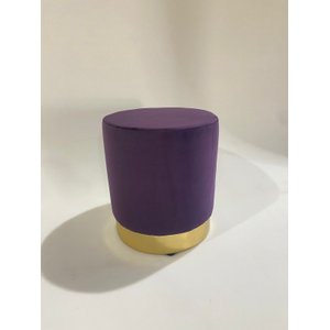 Puff Redondo em Veludo Roxo com Base Dourada, Banqueta Decorativa para Sala, Moveis