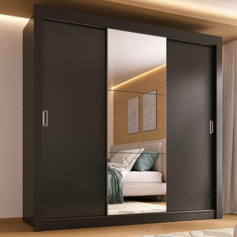 Guarda-roupa Casal Multimóveis Barcelona 3 Portas de Correr com Espelho Cr35402 Preto