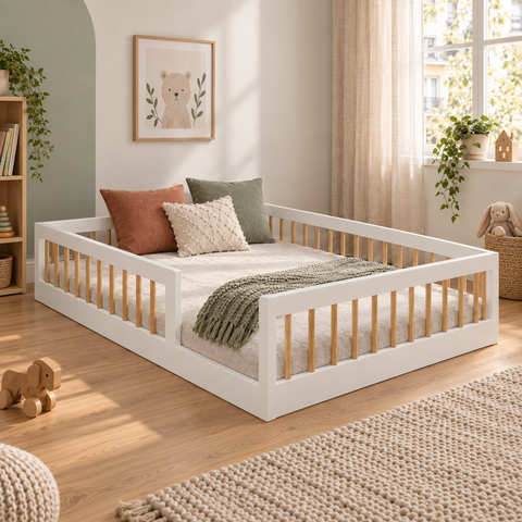 Cama Infantil Montessoriana Casal Cauã 100% MDF Branco/Amadeirado - Tigus