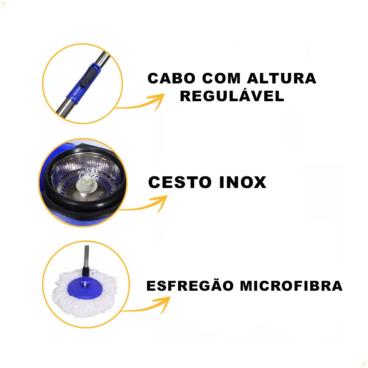 Balde Mop Giratório Esfregão C/ Alça Cesto Inox Limpeza Azul - 3